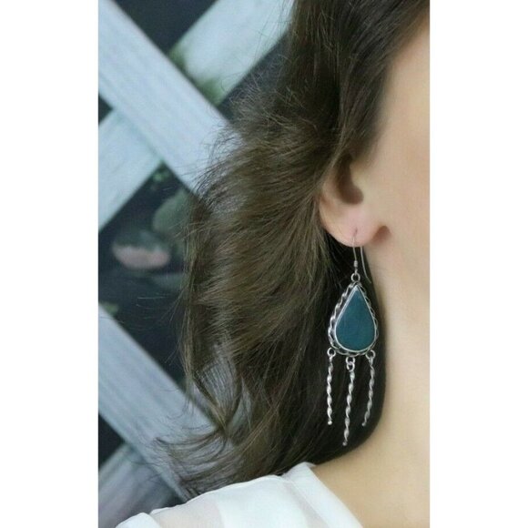 Sterling Silver Green Onyx Dangle Drop Earrings Large Bold - Picture 3 of 7